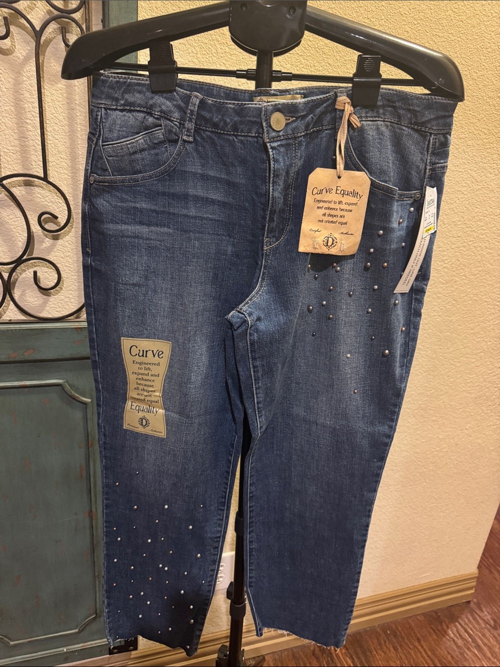 Democracy Dark Blue Cropped Jeans with Stud/Pearl Embellishments